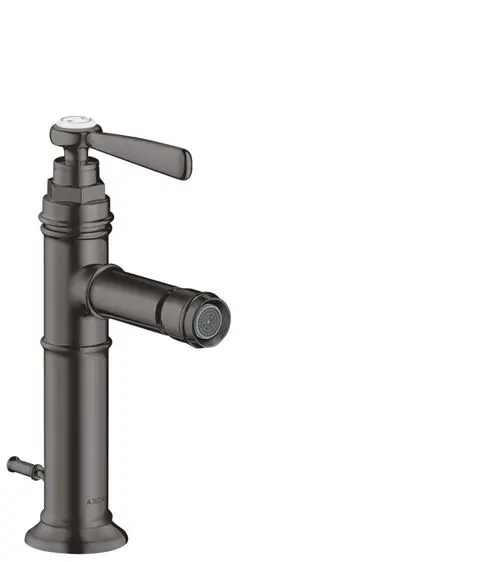 Einhebel-Bidetmischer von AXOR mit einem Hebelgriff und einer Zugstangen-Ablaufgarnitur in brushed black chrome.